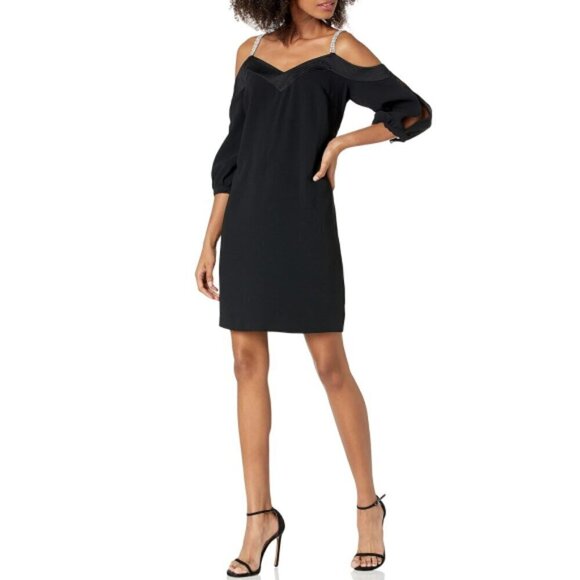 Trina Turk 'Sarika' Crystal-Strap Off-The-Shoulder Crepe Dress, Black - Picture 1 of 2